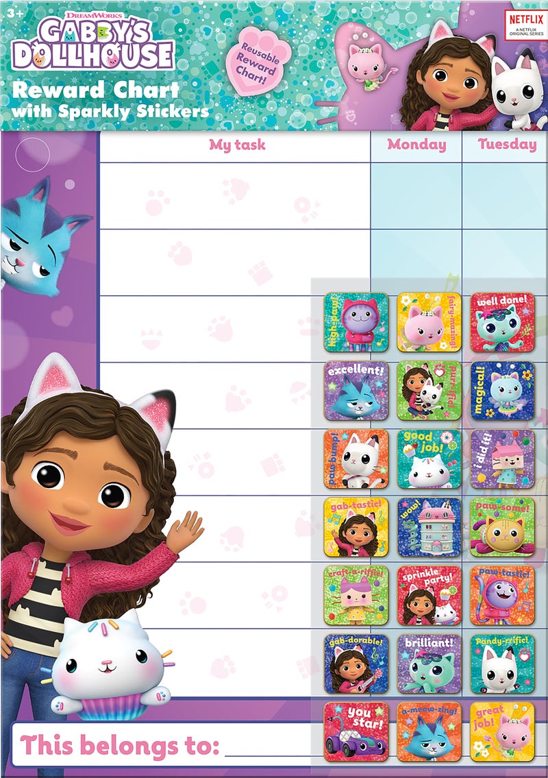 Paper Projects 01.70.30.051 Gabby's Dollhouse Everyday Reward Includes 56 Sparkly Stickers | Colourful Chart is Wipe-Clean  Mulitcoloured  29.7cm x 42cm - Image 1